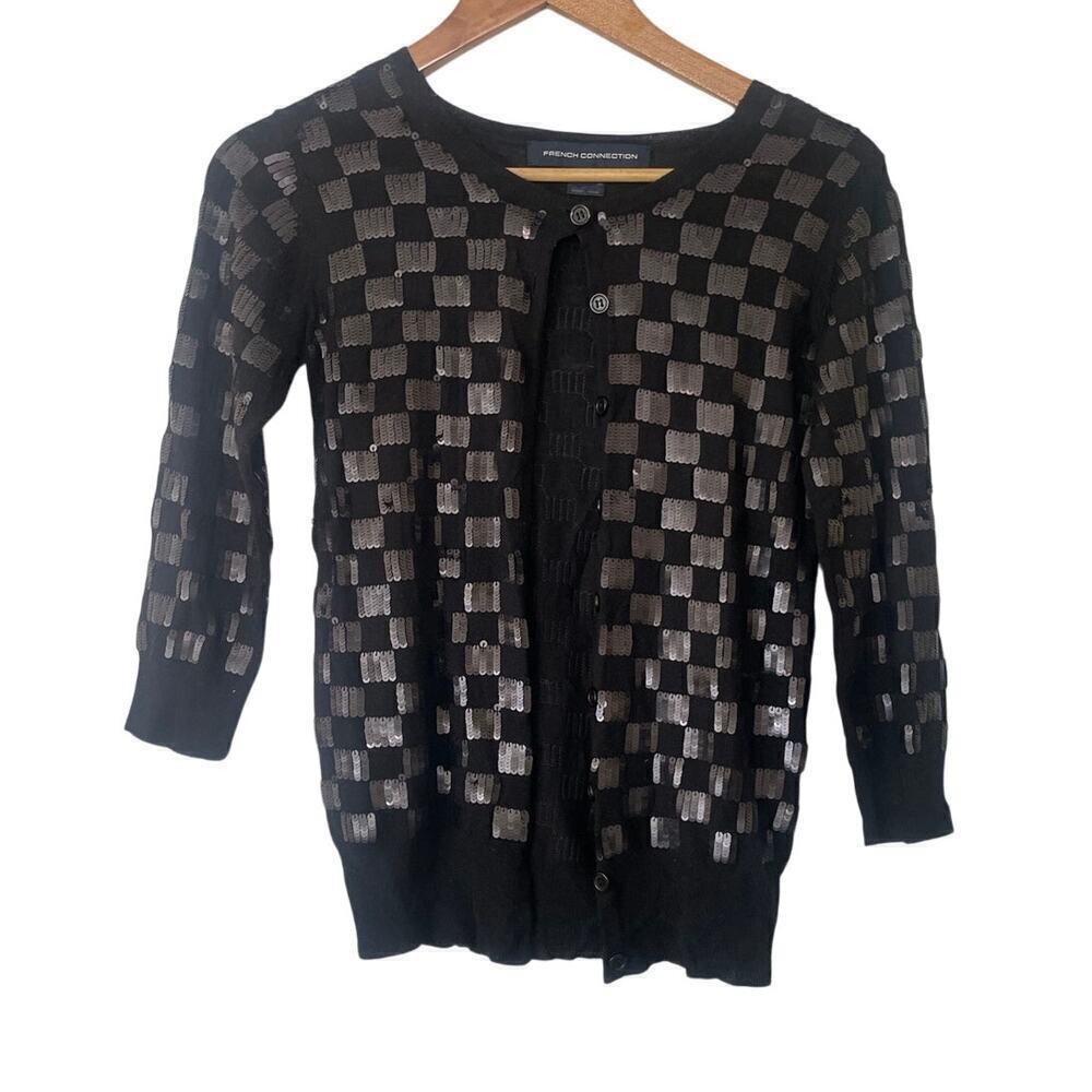 French Connection Black Sequin Checked Cashmere Blend Cardigan Sweater, Sz XS 🔴